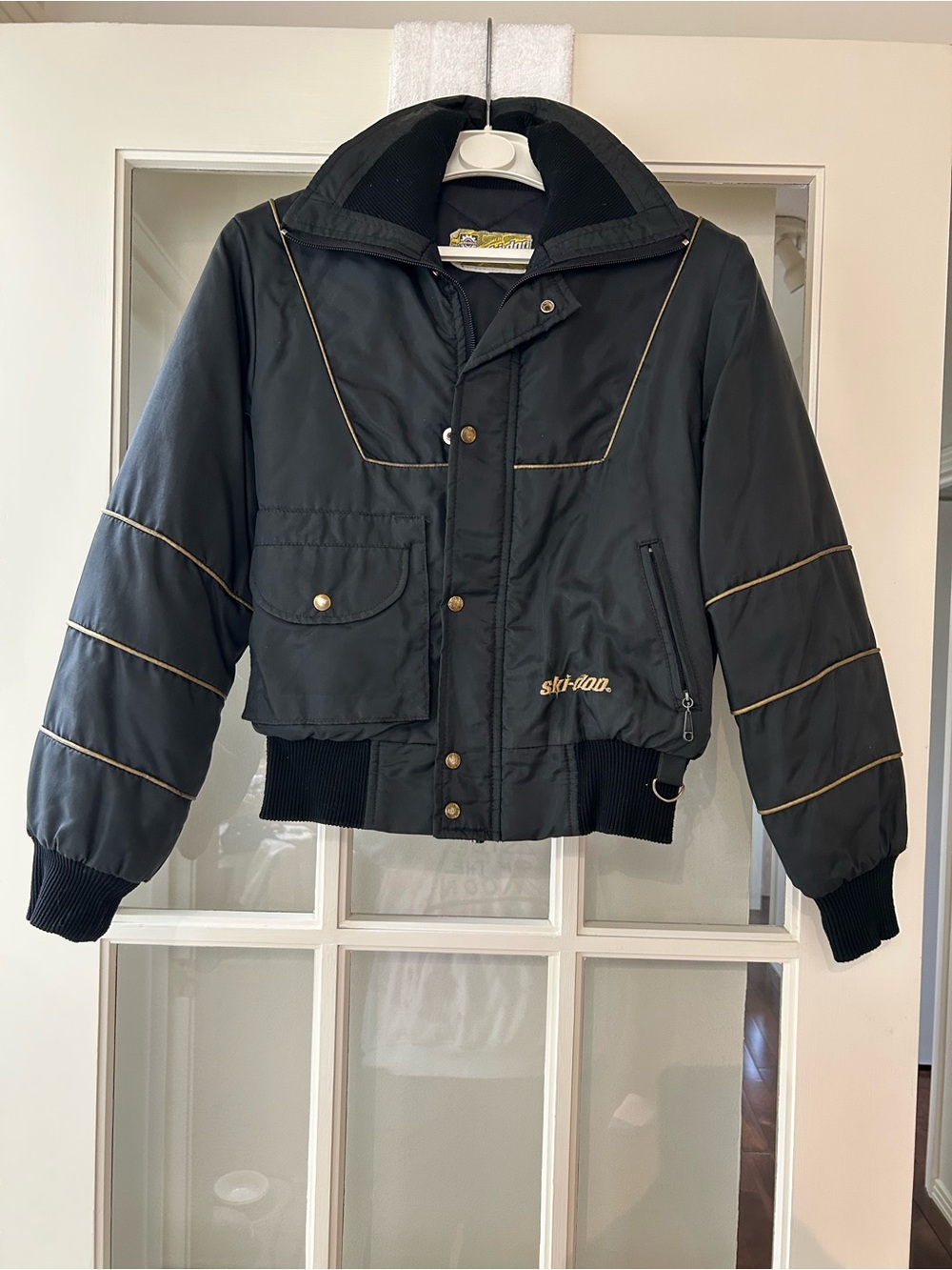 Vintage 70s Ski-Doo Youth Snowmobile Bomber Jacket Black Gold Puffer Coat